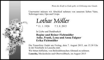 Traueranzeige von Lothar Möller von Südthüringer Presse
