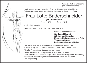 Traueranzeige von Lotte Baderschneider von Frankenpost
