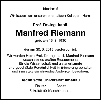 Traueranzeige von Manfred Riemann von Südthüringer Presse