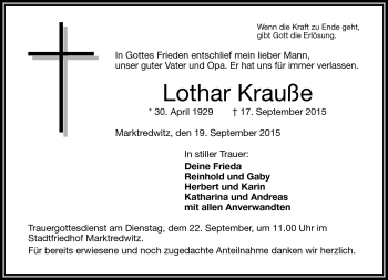 Traueranzeige von Lothar Krauße von Frankenpost