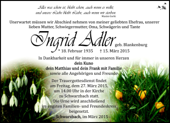 Traueranzeige von Ingrid Adler von Südthüringer Presse