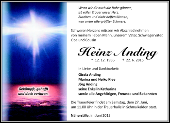 Traueranzeige von Heinz Anding von Südthüringer Presse