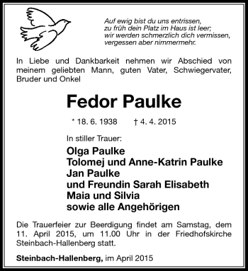 Traueranzeige von Fedor Paulke von Südthüringer Presse