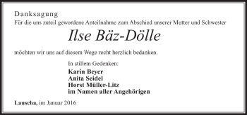 Traueranzeige von Ilse Bäz-Dölle von Südthüringer Presse