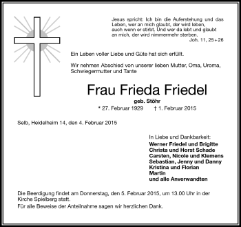 Traueranzeige von Freida Friedel von Frankenpost