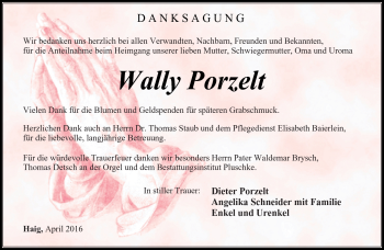 Traueranzeige von Wally Porzelt von Neue Presse Coburg