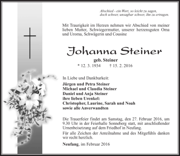 Traueranzeige von Johanna Steiner von Südthüringer Presse