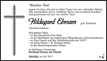 Traueranzeige von Hildegard Ehrsam von Südthüringer Presse