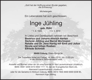 Traueranzeige von Inge Jühling von Neue Presse Coburg