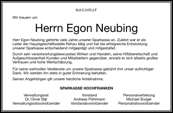 Traueranzeige von Egon Neubing von Frankenpost