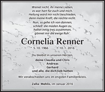 Traueranzeige von Cornelia Renner von Südthüringer Presse