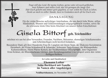 Traueranzeige von Gisela Bittorf von Südthüringer Presse