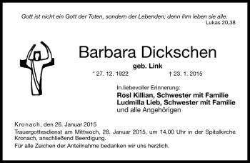 Traueranzeige von Barbara Dickschen von Neue Presse Coburg