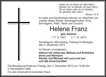 Traueranzeige von Helene Franz von Frankenpost