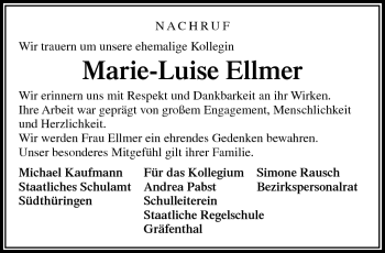 Traueranzeige von Marie-Luise Ellmer von Südthüringer Presse