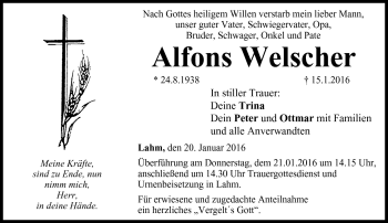 Traueranzeige von Alfons Welscher von Neue Presse Coburg