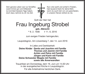 Traueranzeige von Ingeburg Strobel von Frankenpost