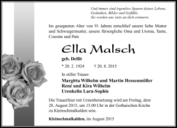 Traueranzeige von Ella Malsch von Südthüringer Presse