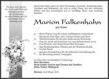 Traueranzeige von Marion Falkenhahn von Südthüringer Presse