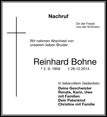Traueranzeige von Reinhard Bohne von Frankenpost