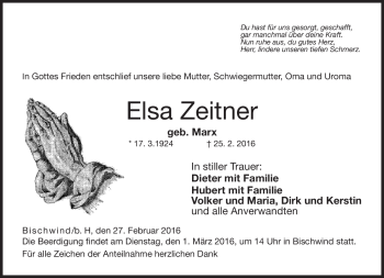 Traueranzeige von Elsa Zeitner von Neue Presse Coburg
