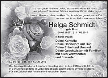 Traueranzeige von Helga Schmidt von Neue Presse Coburg