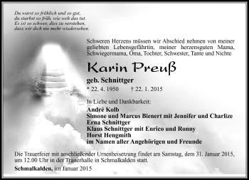 Traueranzeige von Karin Preuß von Südthüringer Presse