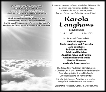 Traueranzeige von Karola Langhans von Südthüringer Presse