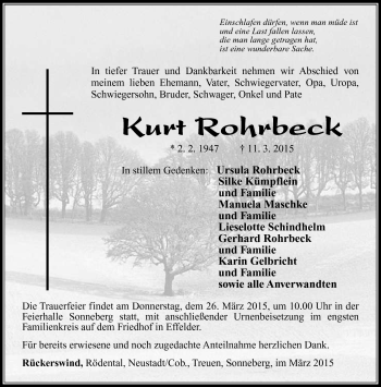 Traueranzeige von Kurt Rohrbeck von Südthüringer Presse