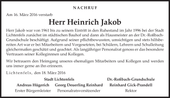 Traueranzeige von Heinrich Jakob von Neue Presse Coburg