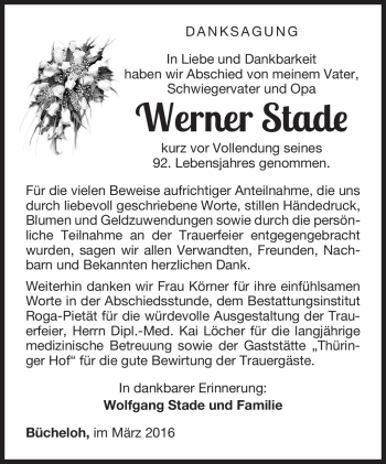 Traueranzeige von Werner Stade von Südthüringer Presse