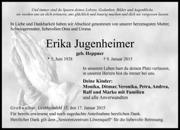 Traueranzeige von Erika Jugenheimer von Neue Presse Coburg