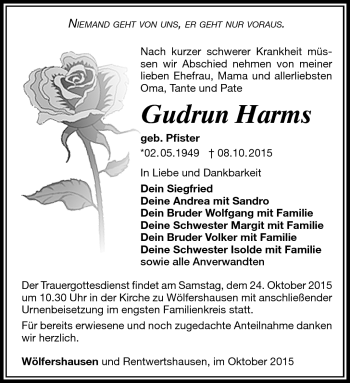 Traueranzeige von Gudrun Harms von Südthüringer Presse