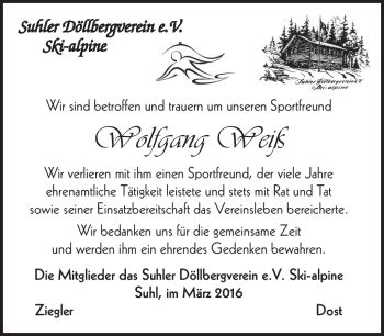Traueranzeige von Wolfgang Weiß von Südthüringer Presse