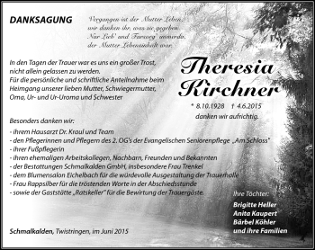 Traueranzeige von Theresia Kirchner von Südthüringer Presse
