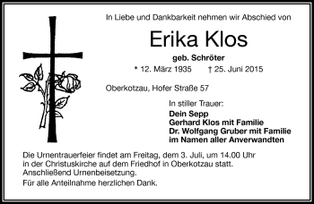 Traueranzeige von Erika Klos von Frankenpost