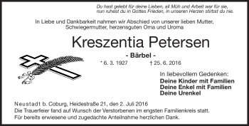 Traueranzeige von Kreszentia Peterson von Neue Presse Coburg