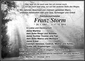 Traueranzeige von Franz Storm von Südthüringer Presse