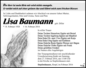 Traueranzeige von Lisa Baumann von Südthüringer Presse