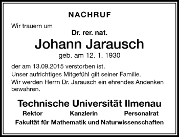 Traueranzeige von Johann Jarausch von Südthüringer Presse
