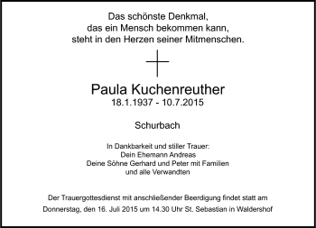 Traueranzeige von Paula Kuchenreuther von Frankenpost