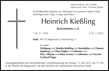 Traueranzeige von Heinrich Kießling von Frankenpost