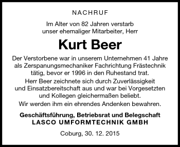 Traueranzeige von Kurt Beer von Neue Presse Coburg