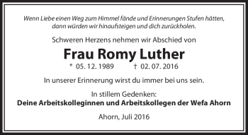Traueranzeige von Romy Luther von Neue Presse Coburg