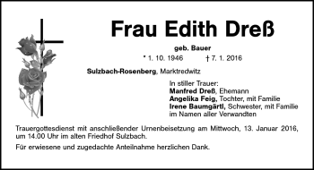 Traueranzeige von Edith Dreß von Frankenpost
