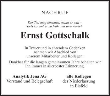 Traueranzeige von Ernst Gottschalk von Südthüringer Presse
