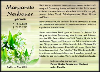 Traueranzeige von Margarete Neubauer von Südthüringer Presse