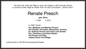 Traueranzeige von Renate Presch von Frankenpost