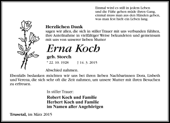 Traueranzeige von Erna Koch von Südthüringer Presse