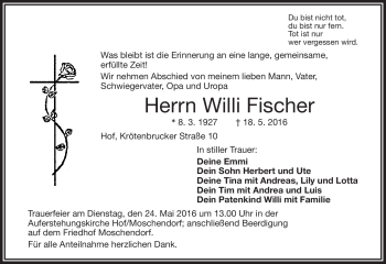 Traueranzeige von Willi Fischer von Frankenpost